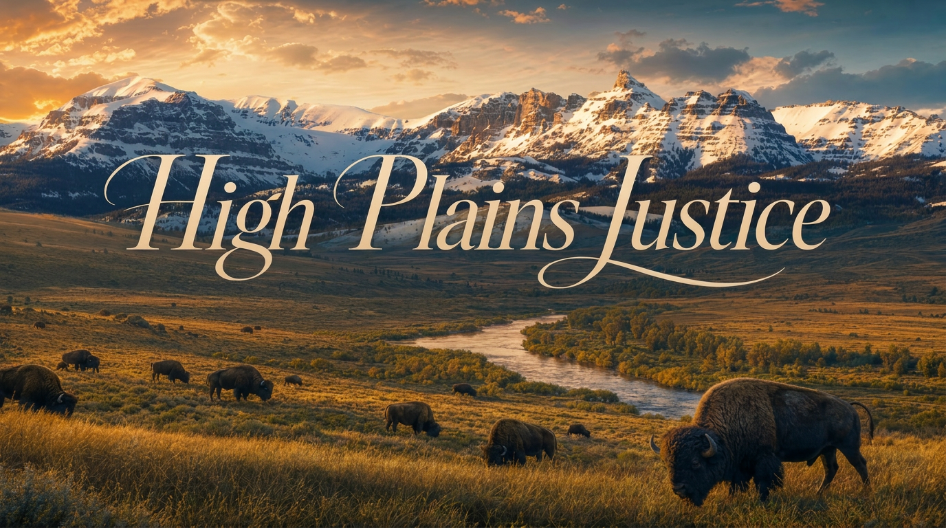 Sunrise over the Teton mountains and high plains grassland with grazing bison, High Plains Justice.